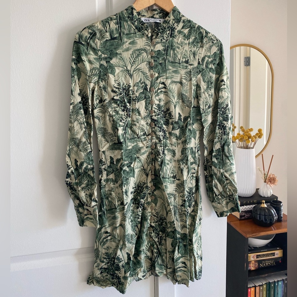 Zara safari green print mini dress